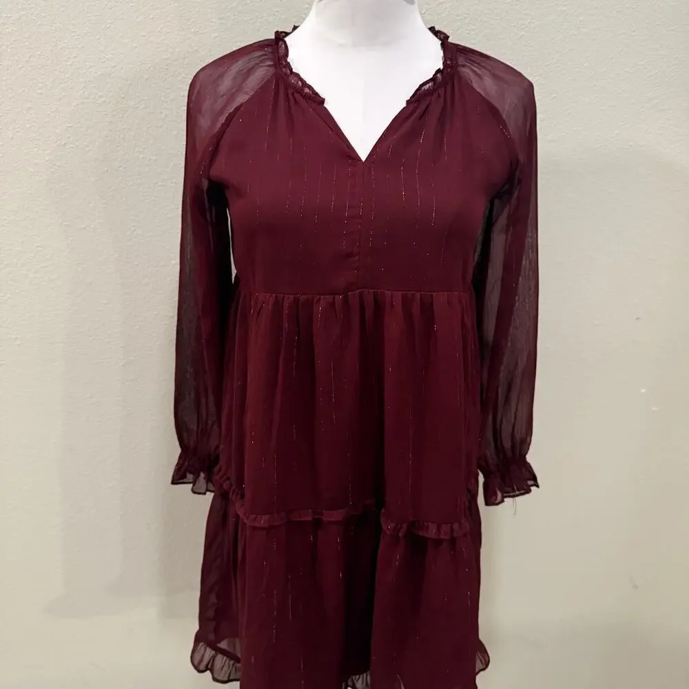 Old Navy Burgundy Long Sleeve Tiered Swing Dress Girls XL Boho Tiered Shimmer